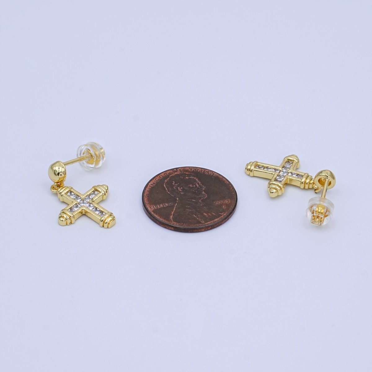 24K Gold Filled Baguette CZ Cross Round Drop Stud Earrings | AI437