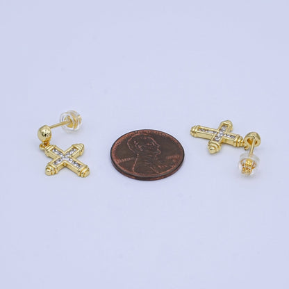 24K Gold Filled Baguette CZ Cross Round Drop Stud Earrings | AI437
