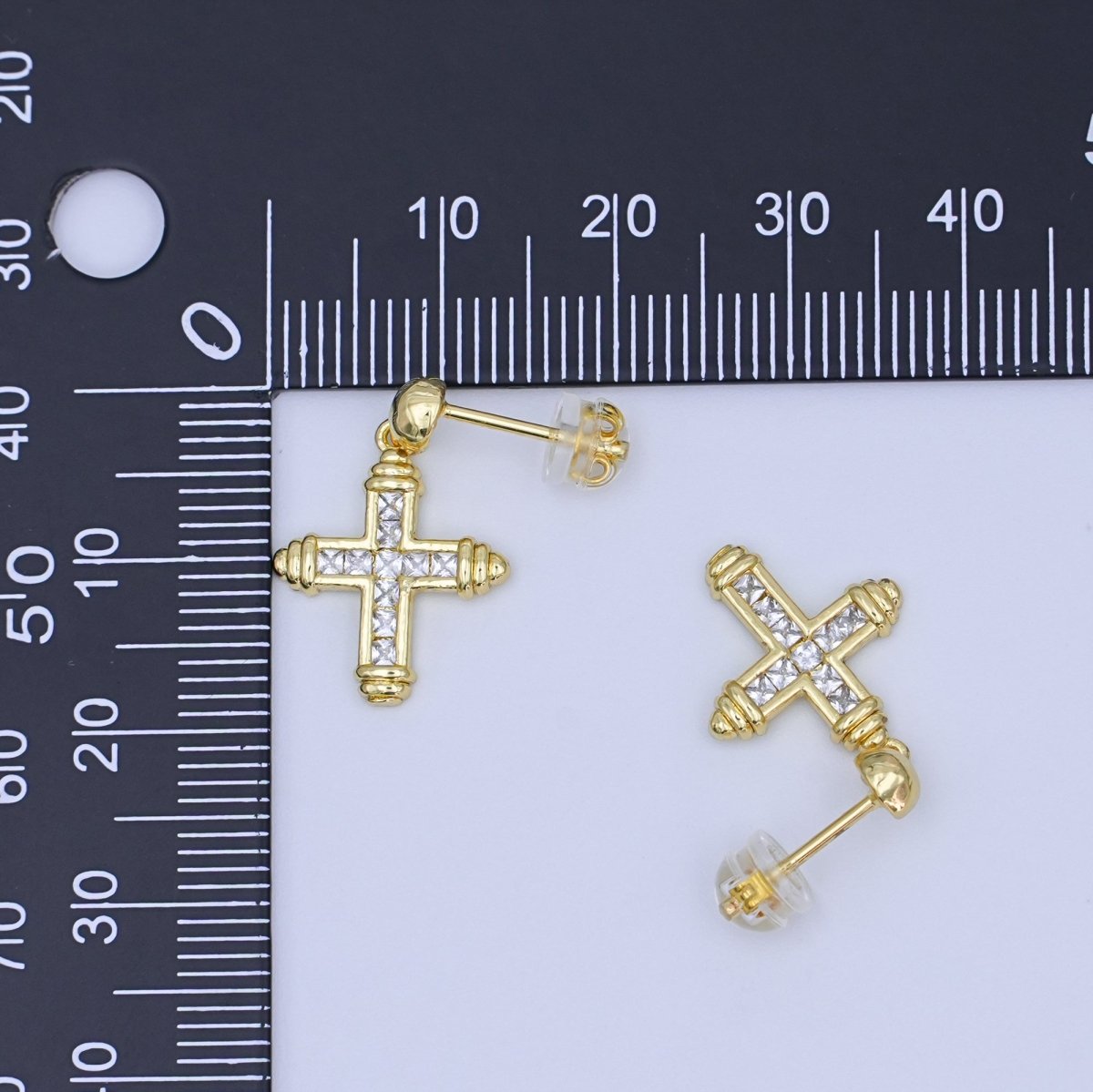 24K Gold Filled Baguette CZ Cross Round Drop Stud Earrings | AI437