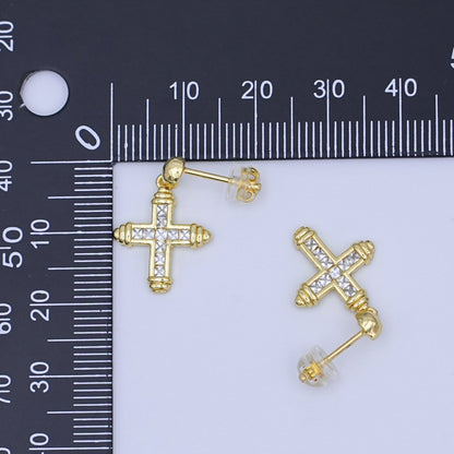 24K Gold Filled Baguette CZ Cross Round Drop Stud Earrings | AI437