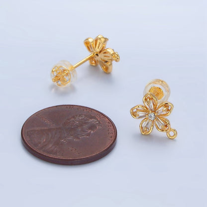 24K Gold Filled Baguette CZ Flower Drop Stud Earring Findings | Z976