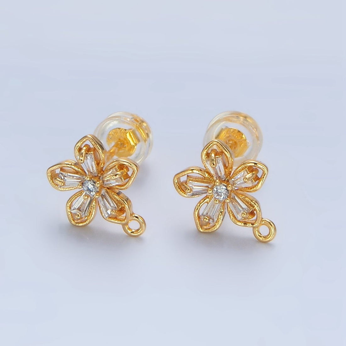 24K Gold Filled Baguette CZ Flower Drop Stud Earring Findings | Z976