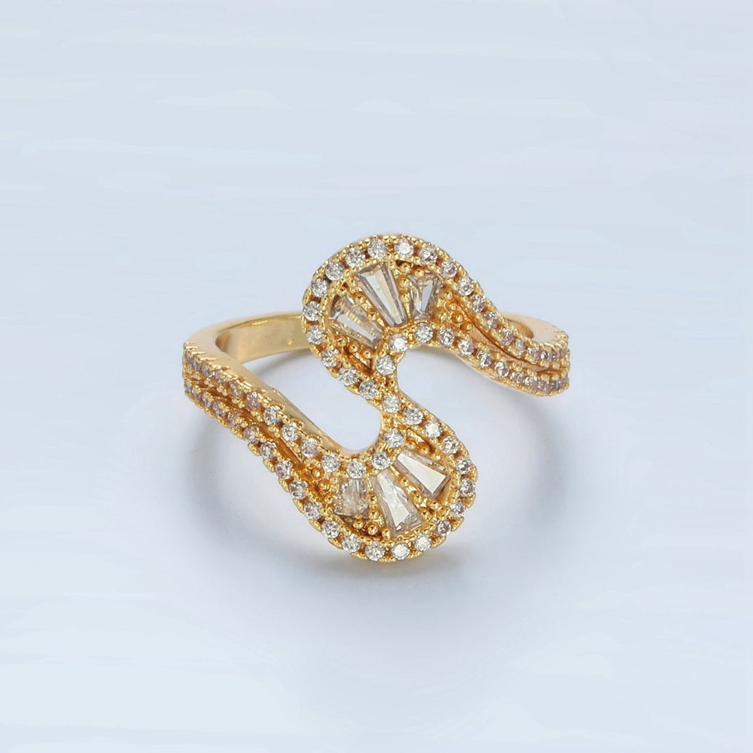 24k Gold Filled Baguette CZ Micro Paved Curved Wavy Ring | O1415