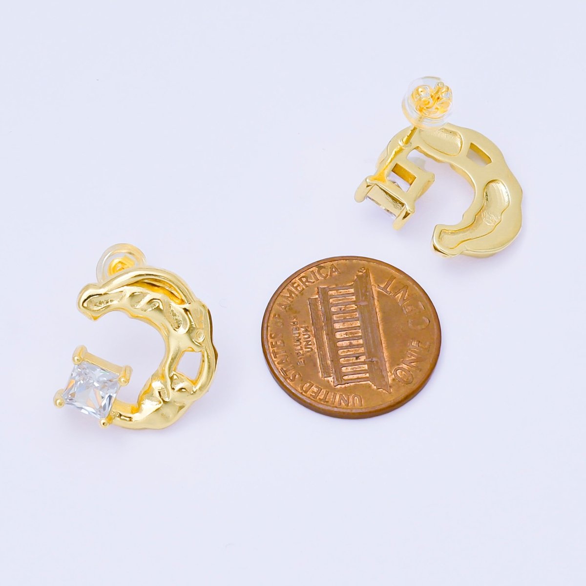 24K Gold Filled Baguette CZ Molten Crescent Moon Stud Earrings | AI445