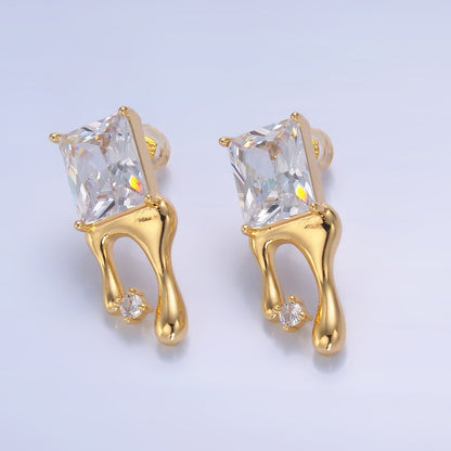 24K Gold Filled Baguette CZ Molten Drip Stud Earrings | AB721