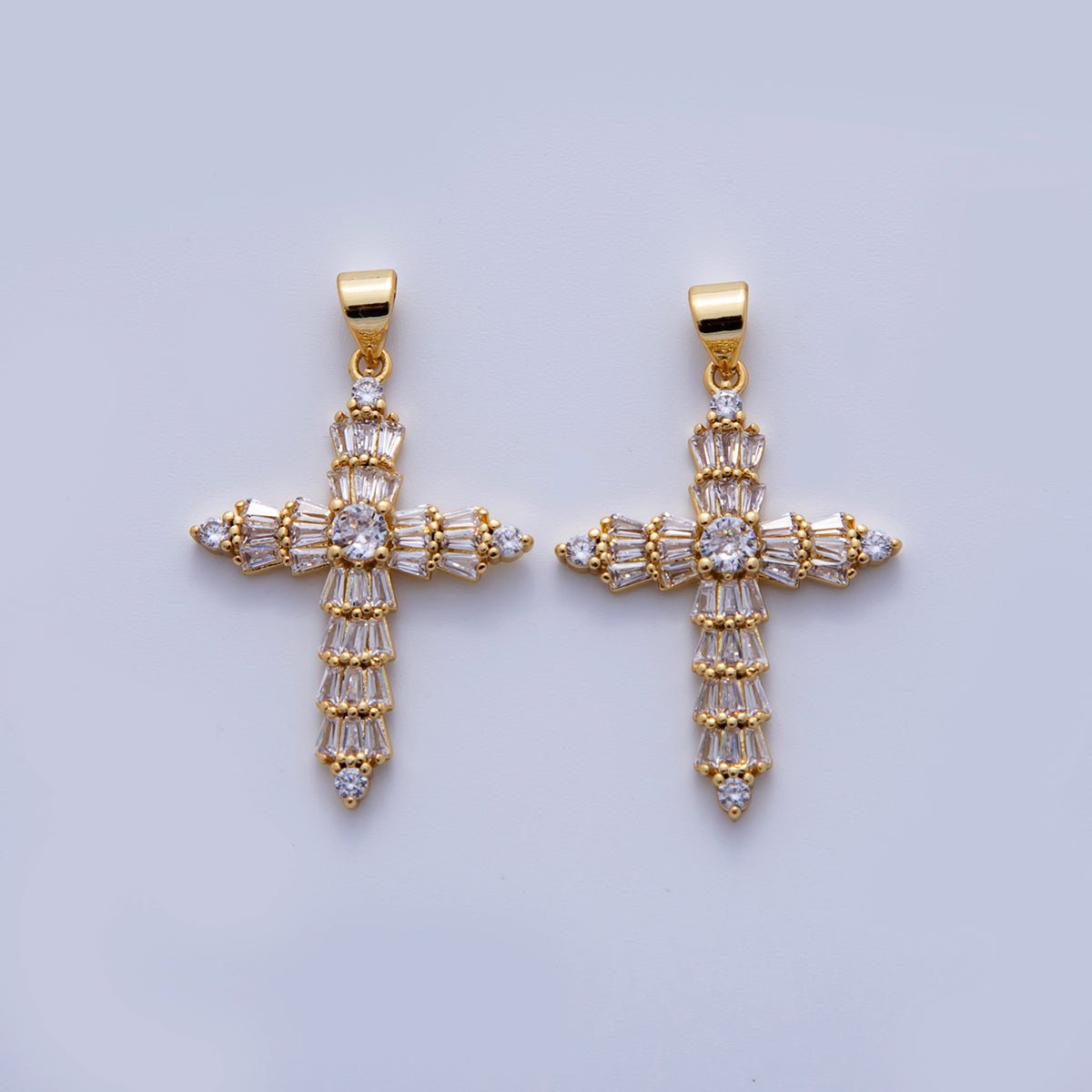 24K Gold Filled Baguette CZ Religious Cross Pendant | AH723