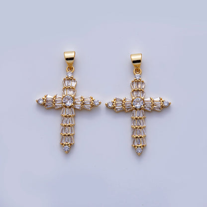24K Gold Filled Baguette CZ Religious Cross Pendant | AH723