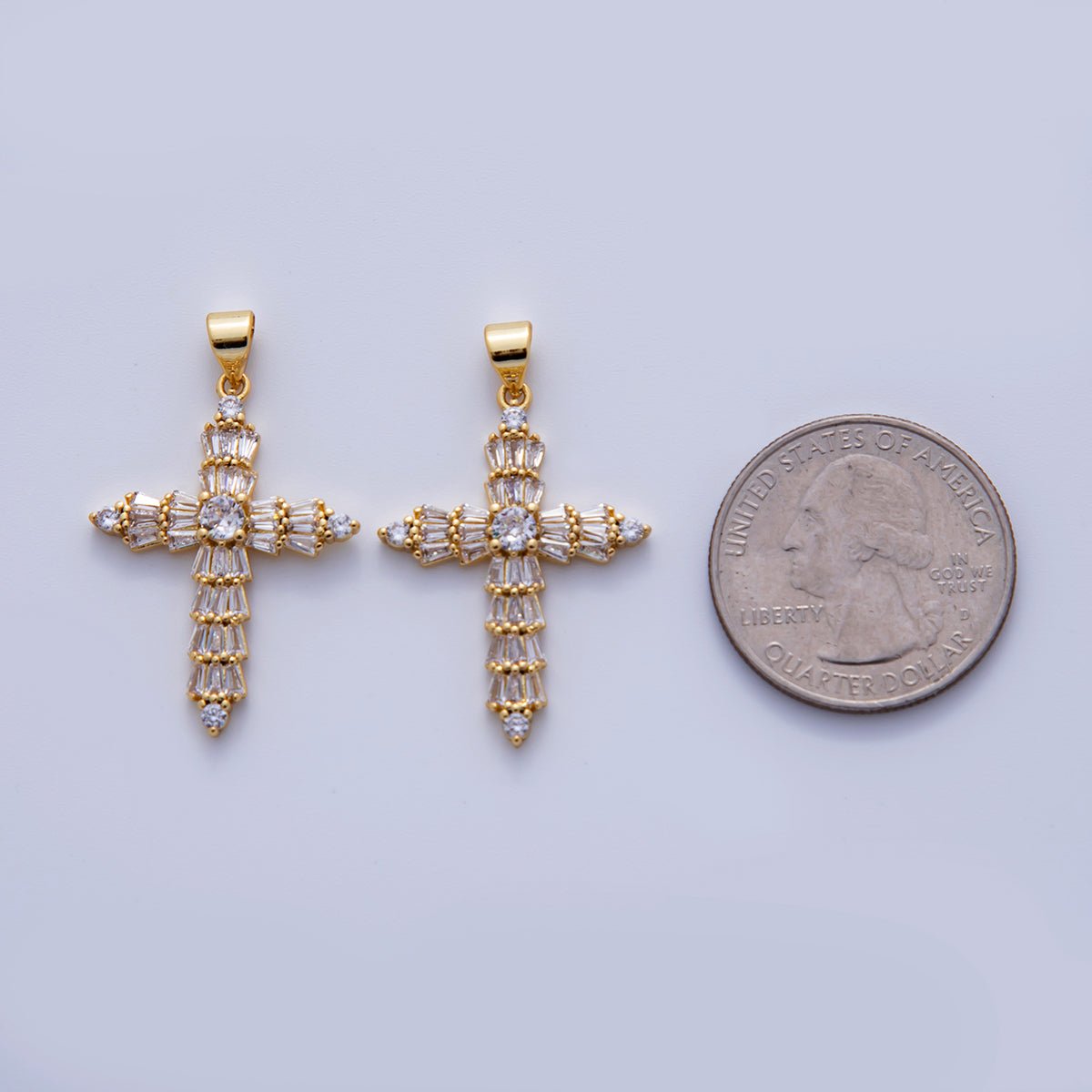 24K Gold Filled Baguette CZ Religious Cross Pendant | AH723