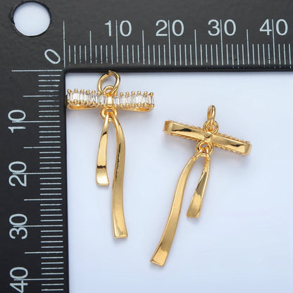 24K Gold Filled Baguette CZ Ribbon Bow Charm | N1376