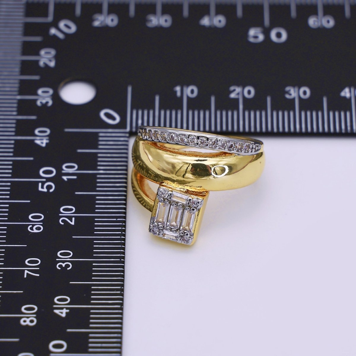 24K Gold Filled Baguette Micro Paved CZ Multiple Band Mixed Metal Ring | O648