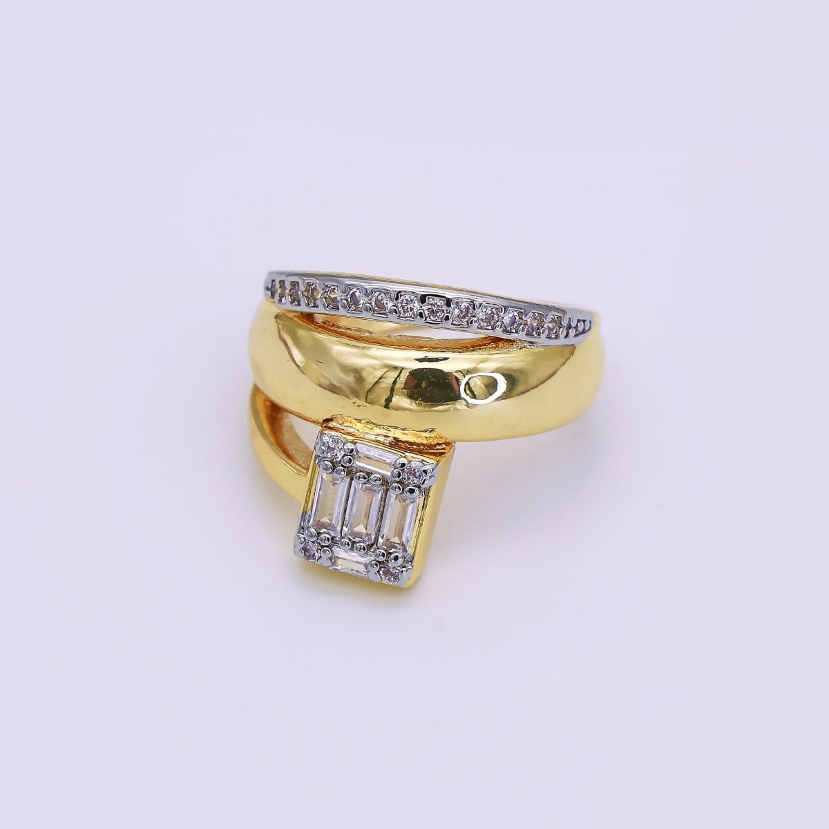 24K Gold Filled Baguette Micro Paved CZ Multiple Band Mixed Metal Ring | O648