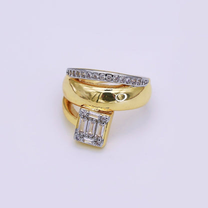 24K Gold Filled Baguette Micro Paved CZ Multiple Band Mixed Metal Ring | O648
