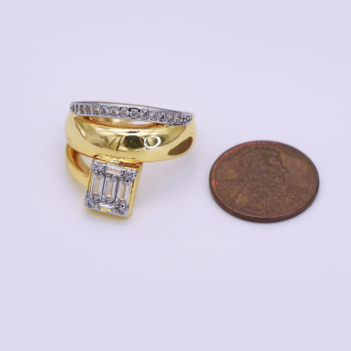 24K Gold Filled Baguette Micro Paved CZ Multiple Band Mixed Metal Ring | O648