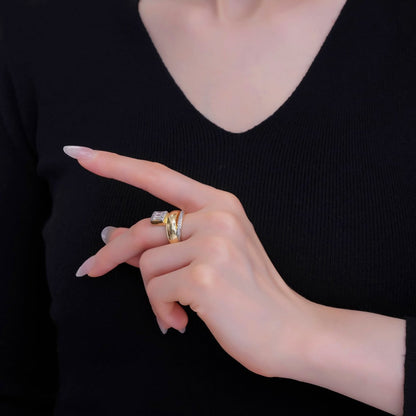 24K Gold Filled Baguette Micro Paved CZ Multiple Band Mixed Metal Ring | O648