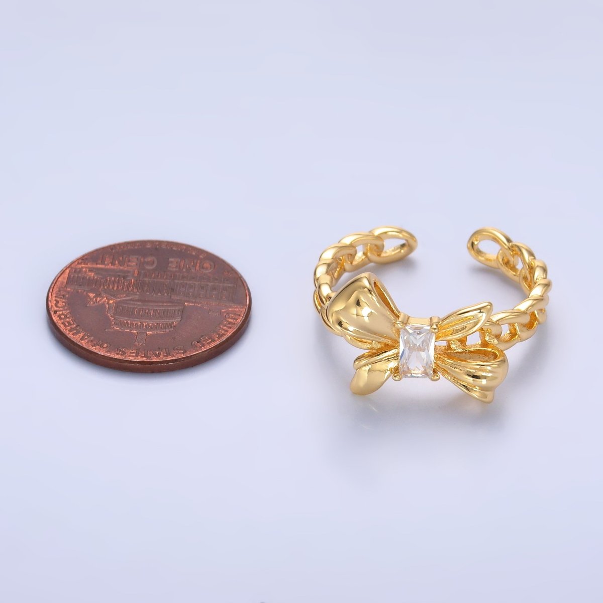24K Gold Filled Baguette Ribbon Bow Curb Chain Ring | O553