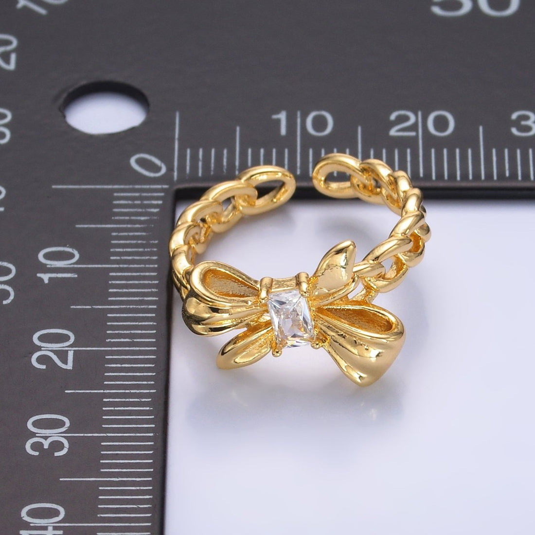 24K Gold Filled Baguette Ribbon Bow Curb Chain Ring | O553