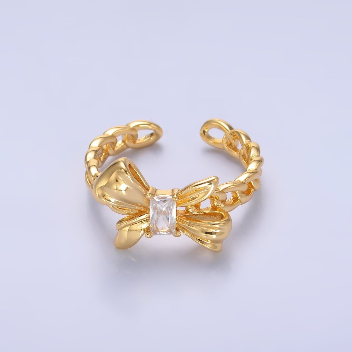 24K Gold Filled Baguette Ribbon Bow Curb Chain Ring | O553