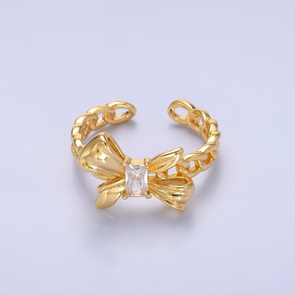 24K Gold Filled Baguette Ribbon Bow Curb Chain Ring | O553