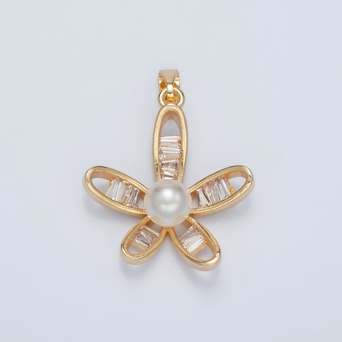 24K Gold Filled Baguette Round Shell Pearl Open Curved Flower Pendant | AA1388