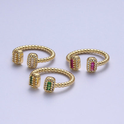 24K Gold Filled Beaded Micro Paved Double Bar Clear Fuchsia Green Baguette Cubic Zirconia Ring | O-135 O-191 O-211