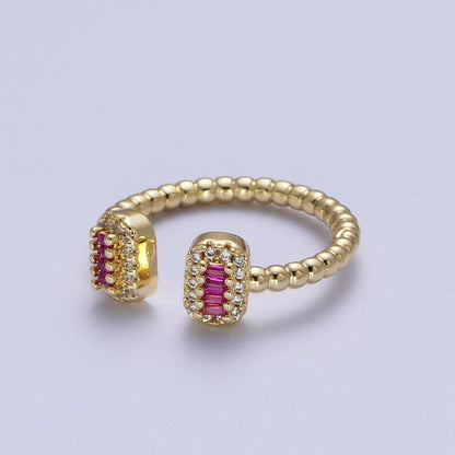 24K Gold Filled Beaded Micro Paved Double Bar Clear Fuchsia Green Baguette Cubic Zirconia Ring | O-135 O-191 O-211