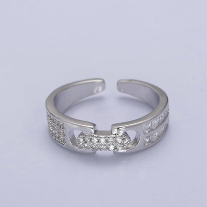 24K Gold Filled Belt Buckle Statement Ring, Micro Pave Crystal Zirconia CZ Adjustable Ring in Gold &amp; Silver U-530 U-531