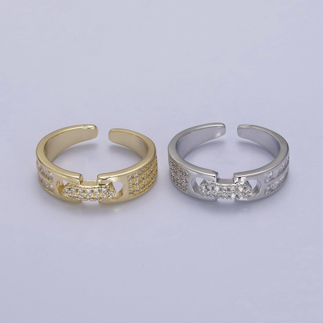 24K Gold Filled Belt Buckle Statement Ring, Micro Pave Crystal Zirconia CZ Adjustable Ring in Gold &amp; Silver U-530 U-531