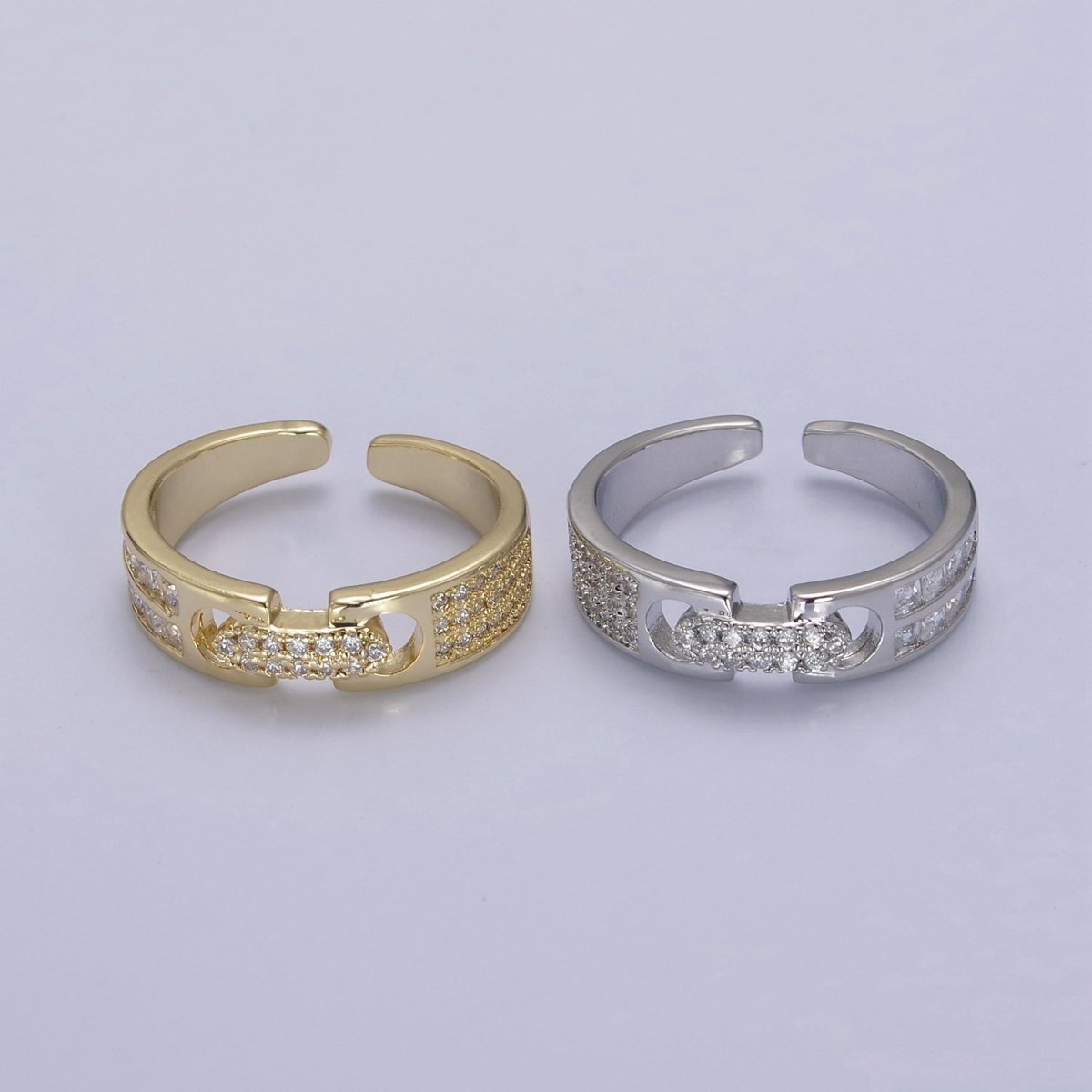 24K Gold Filled Belt Buckle Statement Ring, Micro Pave Crystal Zirconia CZ Adjustable Ring in Gold &amp; Silver U-530 U-531