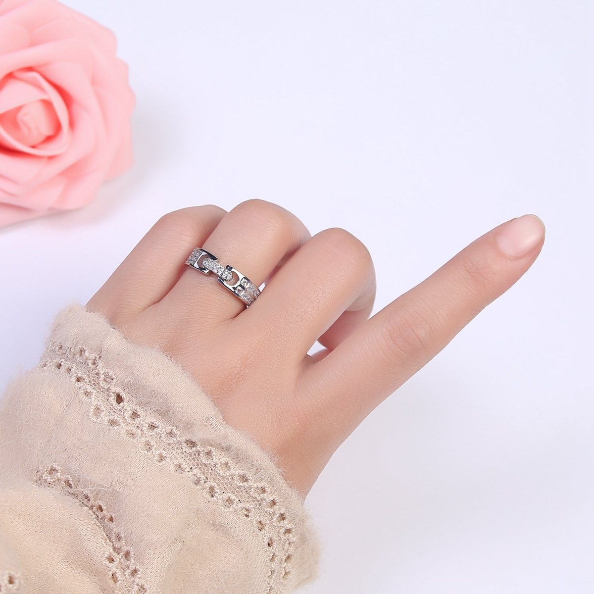 24K Gold Filled Belt Buckle Statement Ring, Micro Pave Crystal Zirconia CZ Adjustable Ring in Gold &amp; Silver U-530 U-531