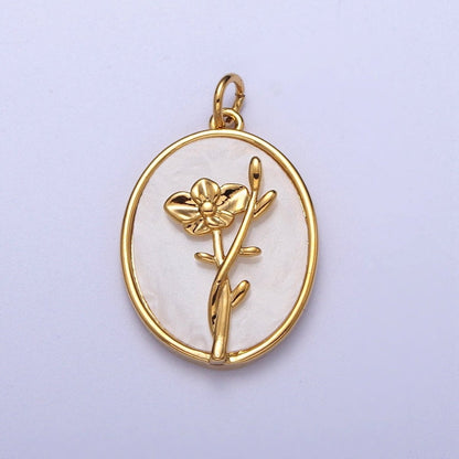 24K Gold Filled Birth Flower Personalized Oval Shell Pearl Charm | E-315, E-319, E-321