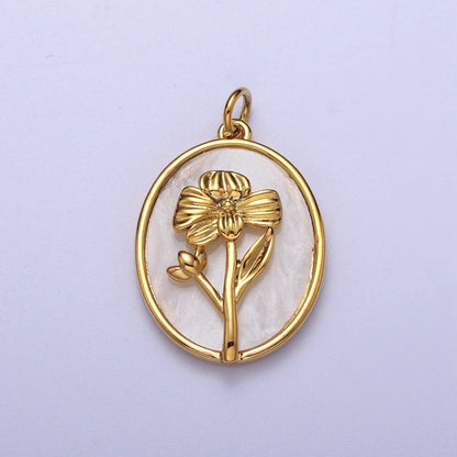 24K Gold Filled Birth Flower Personalized Oval Shell Pearl Charm | E-315, E-319, E-321