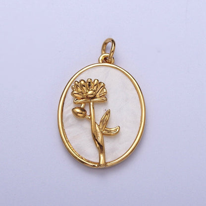 24K Gold Filled Birth Flower Personalized Oval Shell Pearl Charm | E-315, E-319, E-321