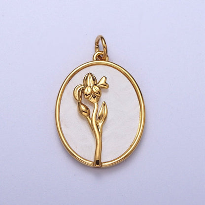 24K Gold Filled Birth Flower Personalized Oval Shell Pearl Charm | E-315, E-319, E-321