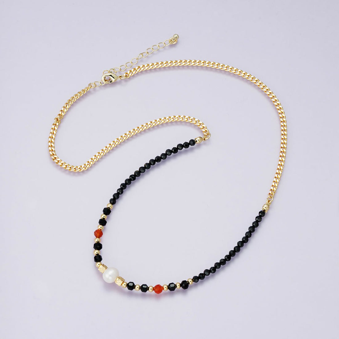24K Gold Filled Black and Red Shell Pearl Multifaceted Gemstone Ball Curb Chain Half 18 Inch Necklace w. Extender | WA-04233
