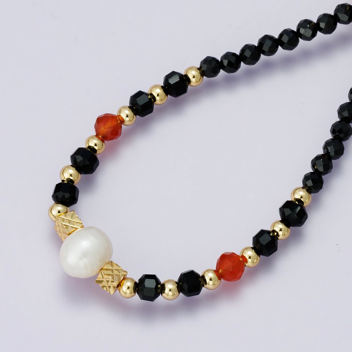 24K Gold Filled Black and Red Shell Pearl Multifaceted Gemstone Ball Curb Chain Half 18 Inch Necklace w. Extender | WA-04233