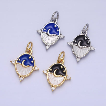 24K Gold Filled Black, Blue Enamel Shell Pearl Crescent Moon CZ Oval Celestial Charm in Silver &amp; Gold | AC381 - AC384