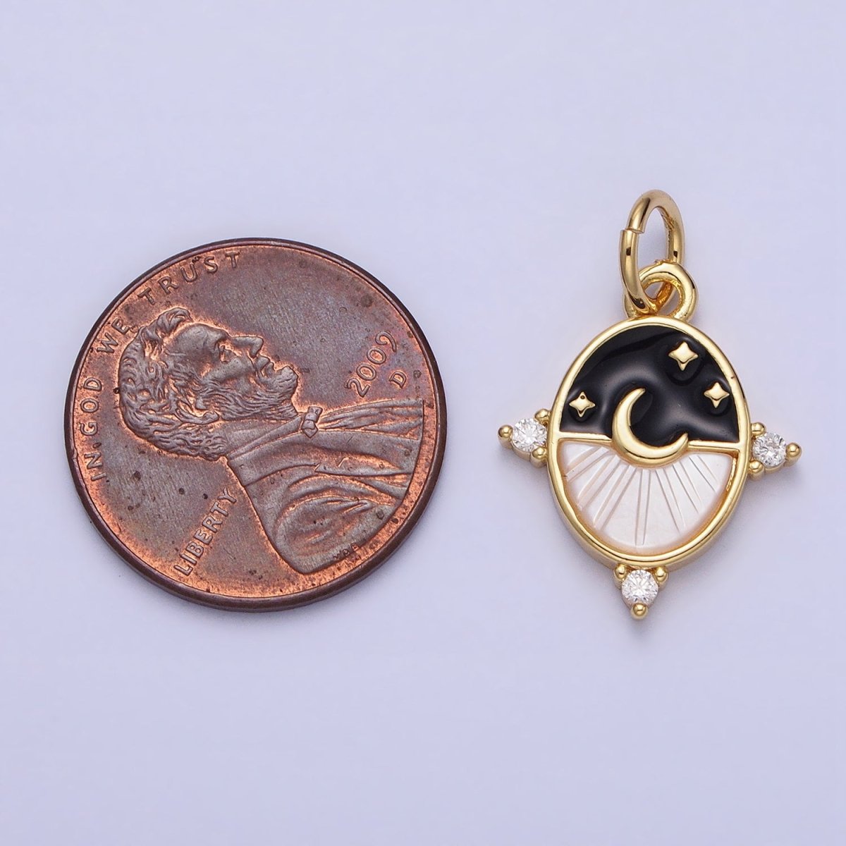 24K Gold Filled Black, Blue Enamel Shell Pearl Crescent Moon CZ Oval Celestial Charm in Silver &amp; Gold | AC381 - AC384