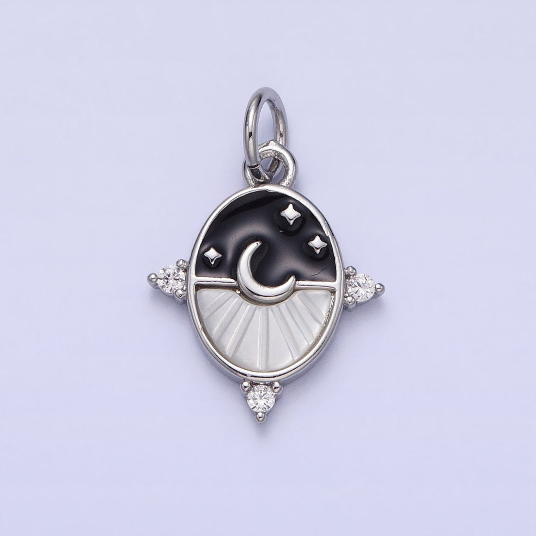 24K Gold Filled Black, Blue Enamel Shell Pearl Crescent Moon CZ Oval Celestial Charm in Silver &amp; Gold | AC381 - AC384