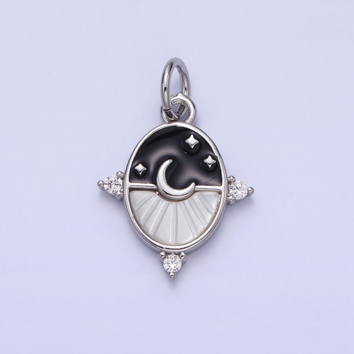24K Gold Filled Black, Blue Enamel Shell Pearl Crescent Moon CZ Oval Celestial Charm in Silver &amp; Gold | AC381 - AC384