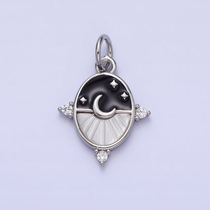 24K Gold Filled Black, Blue Enamel Shell Pearl Crescent Moon CZ Oval Celestial Charm in Silver &amp; Gold | AC381 - AC384