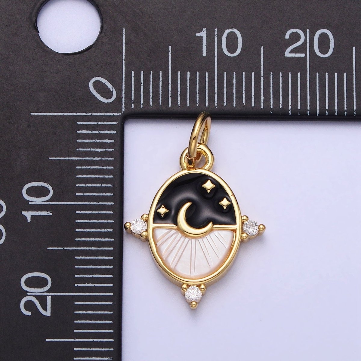 24K Gold Filled Black, Blue Enamel Shell Pearl Crescent Moon CZ Oval Celestial Charm in Silver &amp; Gold | AC381 - AC384