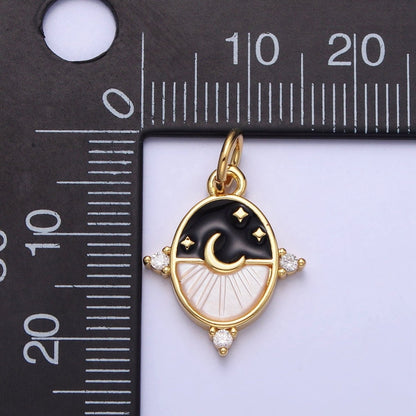 24K Gold Filled Black, Blue Enamel Shell Pearl Crescent Moon CZ Oval Celestial Charm in Silver &amp; Gold | AC381 - AC384