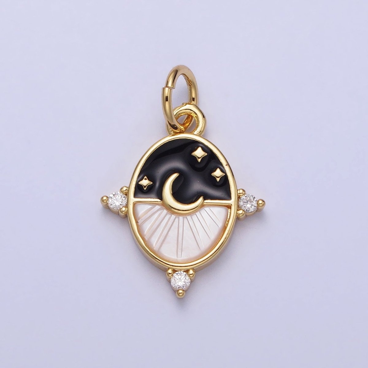 24K Gold Filled Black, Blue Enamel Shell Pearl Crescent Moon CZ Oval Celestial Charm in Silver &amp; Gold | AC381 - AC384