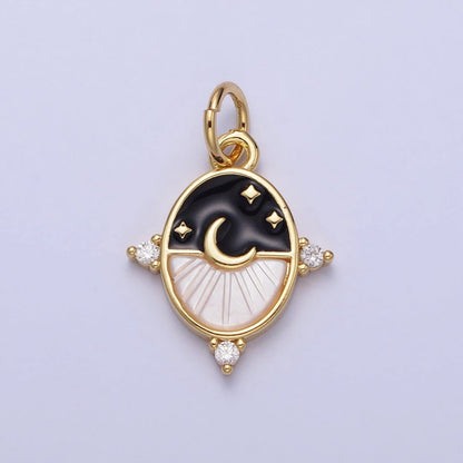 24K Gold Filled Black, Blue Enamel Shell Pearl Crescent Moon CZ Oval Celestial Charm in Silver &amp; Gold | AC381 - AC384