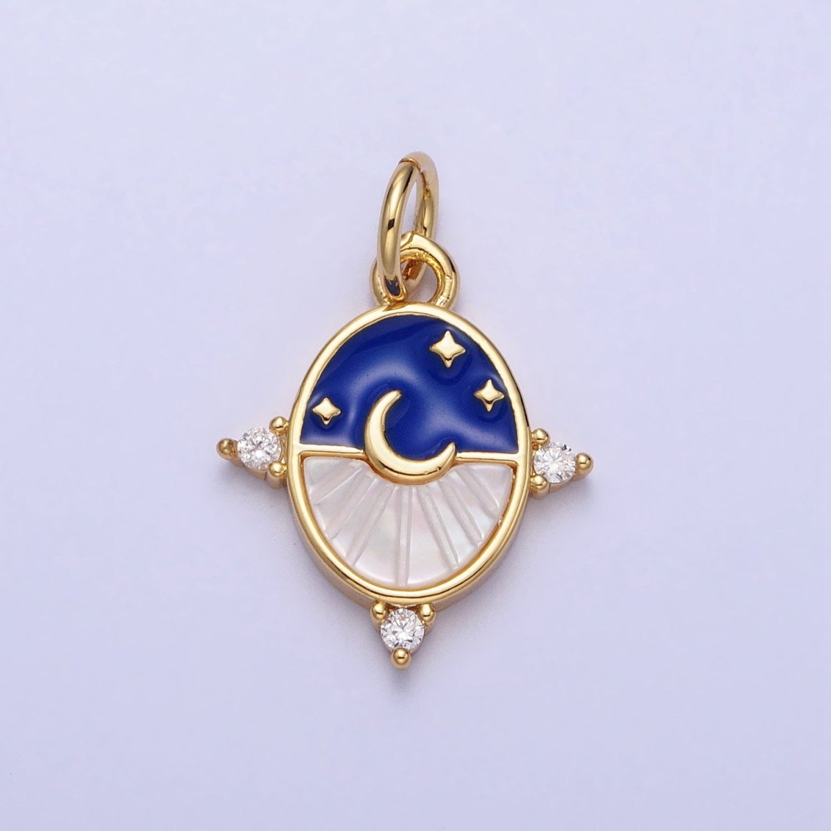 24K Gold Filled Black, Blue Enamel Shell Pearl Crescent Moon CZ Oval Celestial Charm in Silver &amp; Gold | AC381 - AC384