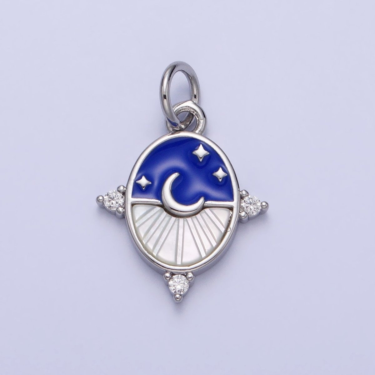 24K Gold Filled Black, Blue Enamel Shell Pearl Crescent Moon CZ Oval Celestial Charm in Silver &amp; Gold | AC381 - AC384