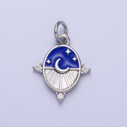 24K Gold Filled Black, Blue Enamel Shell Pearl Crescent Moon CZ Oval Celestial Charm in Silver &amp; Gold | AC381 - AC384