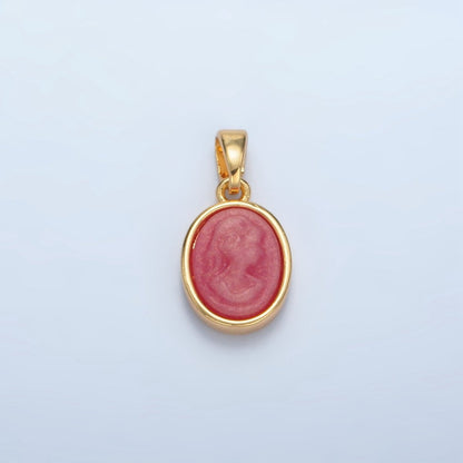 24K Gold Filled Black, Blue, Pink, Peach Agate Woman Girl Portrait Oval Pendant | AA120 AA121