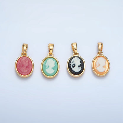 24K Gold Filled Black, Blue, Pink, Peach Agate Woman Girl Portrait Oval Pendant | AA120 AA121