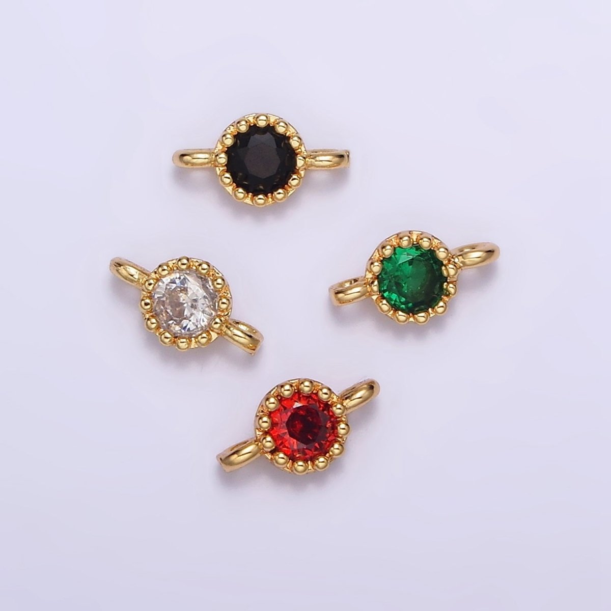 24K Gold Filled Black, Clear, Green, Red Round CZ 7.5mm Beaded Connector | Y-765 ~ Y-768